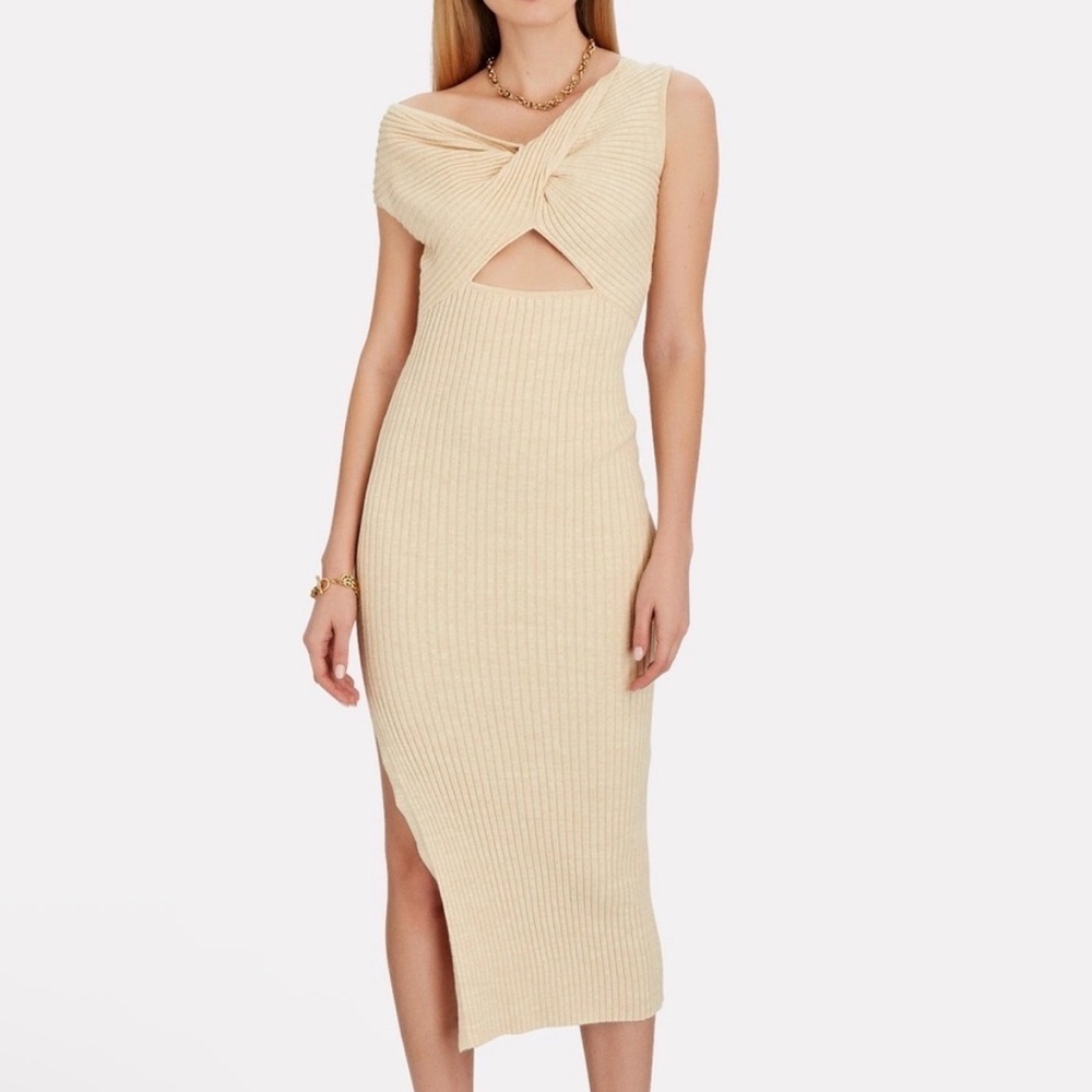 Anna Quan Zanita Wheat Ribbed Knit Twist Cut-Out Midi Dress - Picture 2 of 14